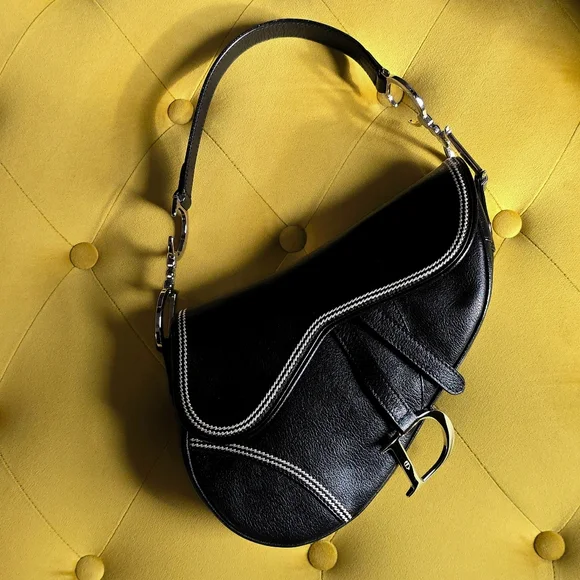 Dior Saddle Bag Vintage Black Goatskin Leather With Contrast Stitch - Picture 1 of 15